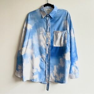 Cloud blue white print oversized button down shirt with front strap detail